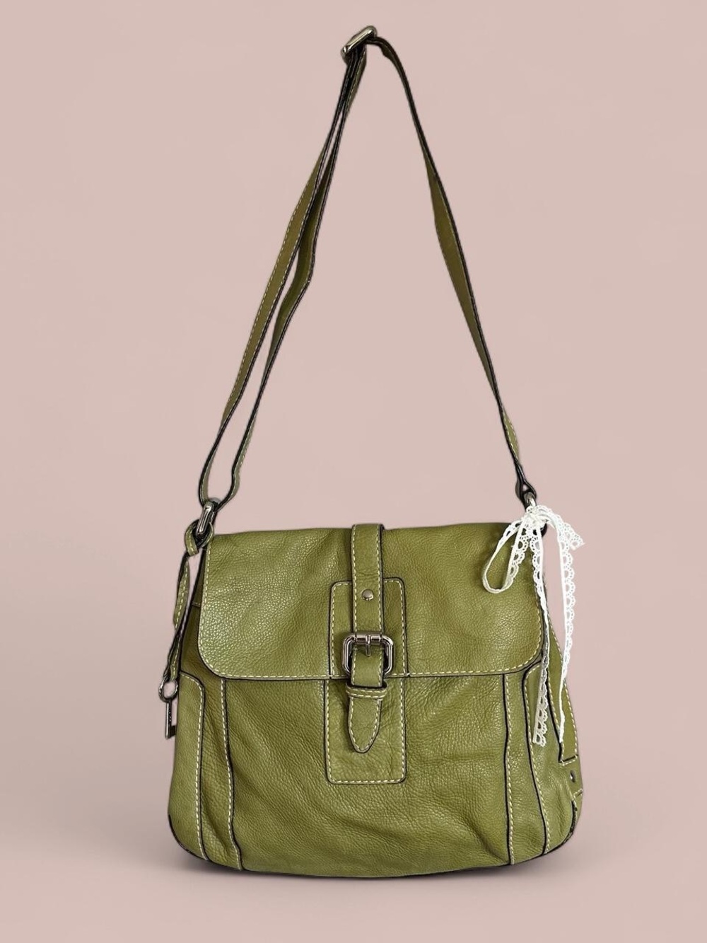 Y2K Fossil Avocado Green Leather Messenger Crossbody Bag